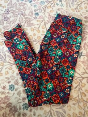 LuLaRoe Teal, Orange & Fuchsia Floral Mosaic Leggings One Size NWOT Cottagecore